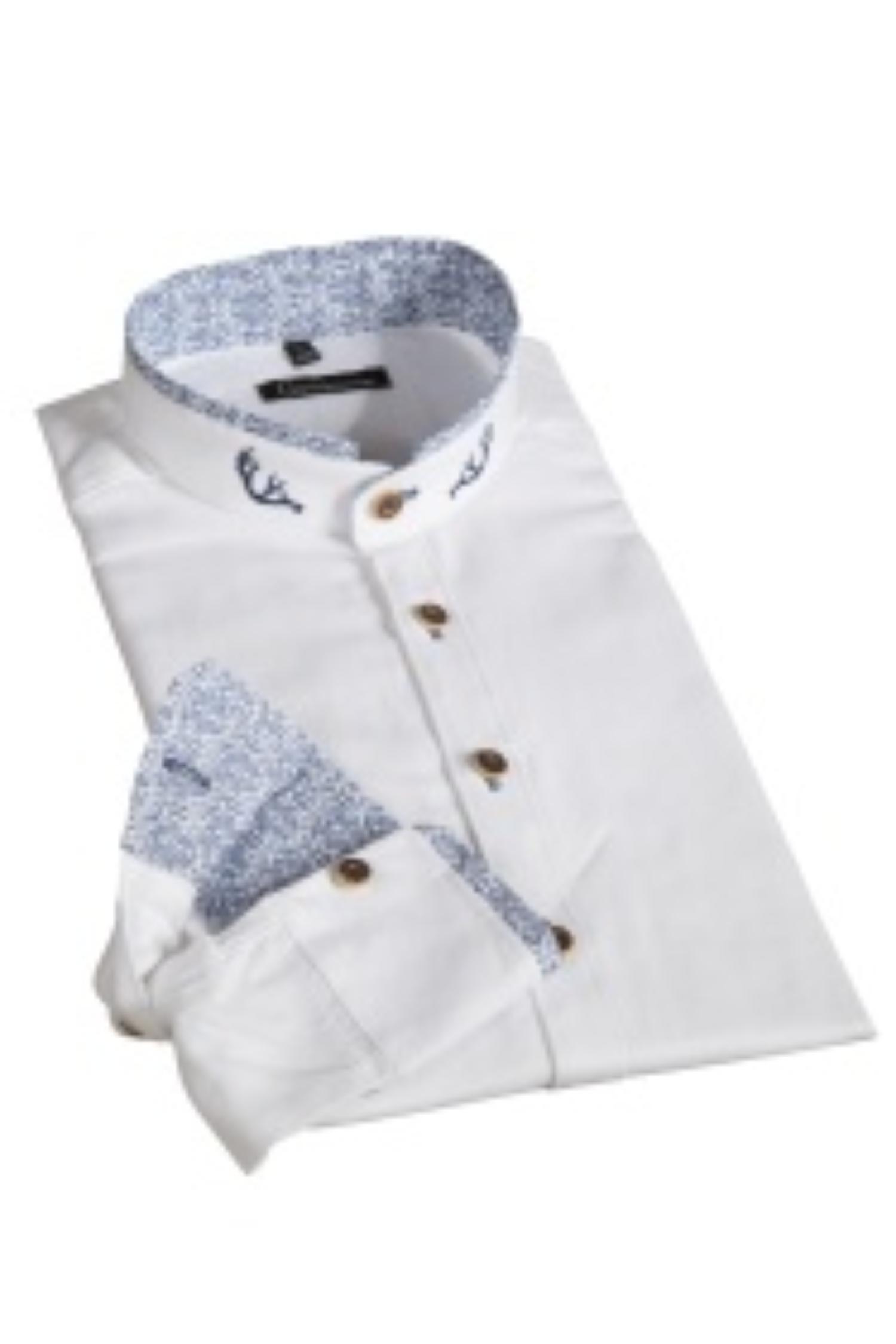 Stehkragenhemd von OS Trachten in Weiß mit Blauem Einsatz und Geweih